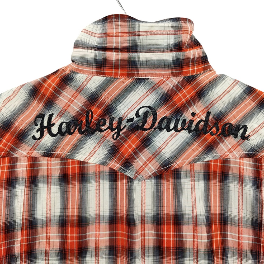 Harley Davidson Womens Biker Western Cotton Shirt 3W Orange Plaid Pearl Snap